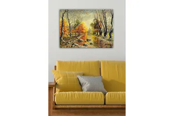 Lerretsbilde - Høstlandskap med fargerike trær og en speilblank elv - Oransje / Grønn / Brun - Interiør - Maleri & posters - Lerretsbilder