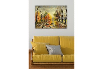 Lerretsbilde - Høstlandskap med fargerike trær og en speilblank elv - Oransje / Grønn / Brun - Interiør - Maleri & posters - Lerretsbilder