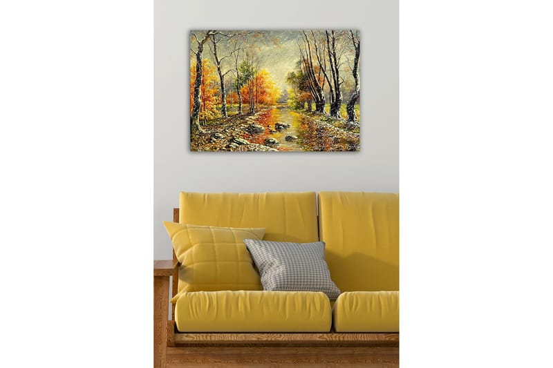 Lerretsbilde - Høstlandskap med fargerike trær og en speilblank elv - Oransje / Grønn / Brun - Interiør - Maleri & posters - Lerretsbilder