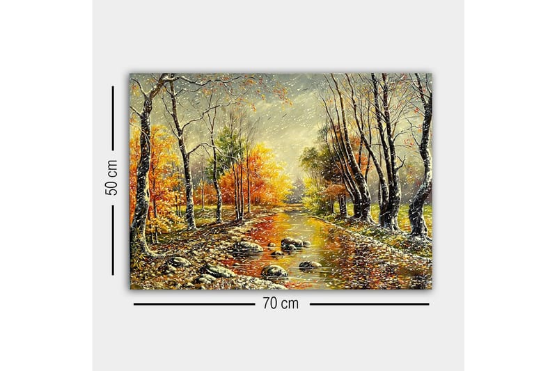 Lerretsbilde - Høstlandskap med fargerike trær og en speilblank elv - Oransje / Grønn / Brun - Interiør - Maleri & posters - Lerretsbilder