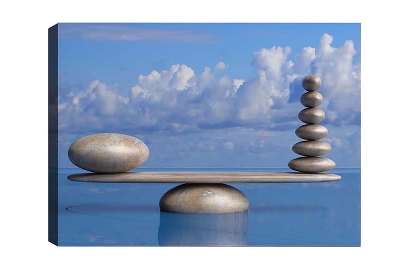 Lerretsbilde - Harmonisk balanse av steiner på en plattform, Lys blå / Beige / Grå
