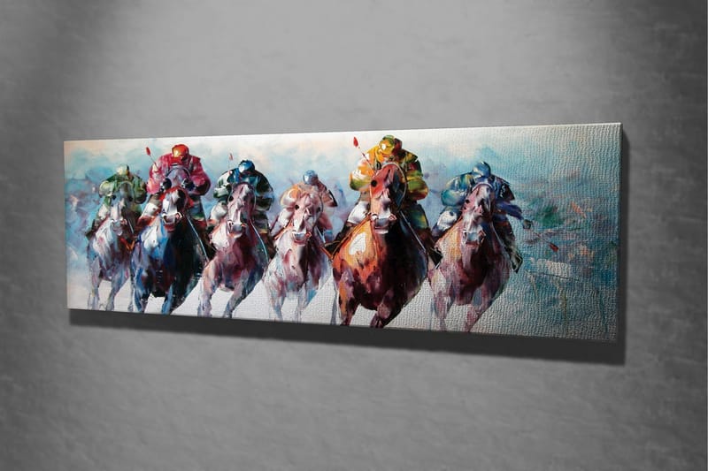 Lerretsbilde - Hester i full galopp med jockeyer i fargerike klær - Rød / Grønn / Blå - Interiør - Maleri & posters - Lerretsbilder