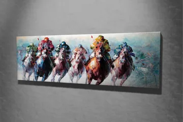 Lerretsbilde - Hester i full galopp med jockeyer i fargerike klær - Rød / Grønn / Blå - Interiør - Maleri & posters - Lerretsbilder