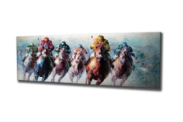 Lerretsbilde - Hester i full galopp med jockeyer i fargerike klær - Rød / Grønn / Blå - Interiør - Maleri & posters - Lerretsbilder