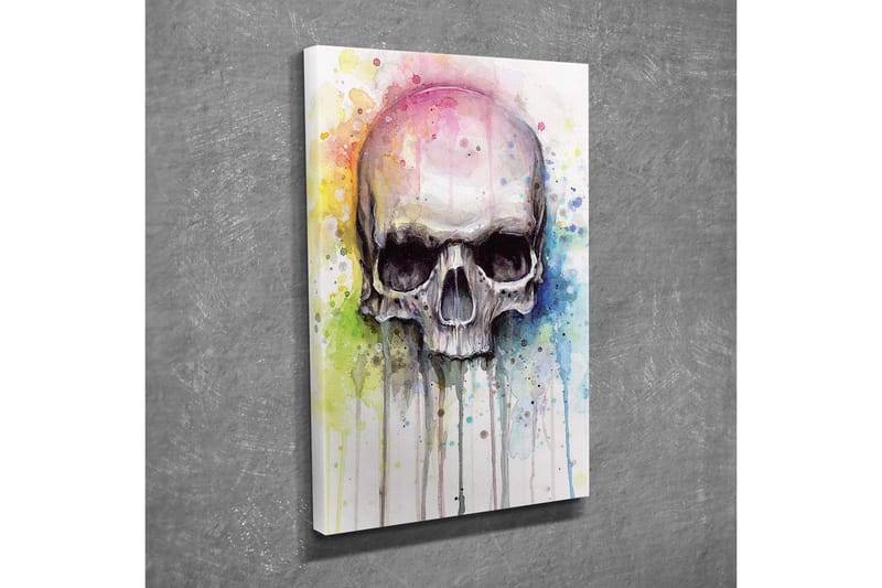 Lerretsbilde - Hodeskalle med fargerike akvarellsprut i bakgrunnen - Svart / Lyseblå / Gul - Interiør - Maleri & posters - Lerretsbilder