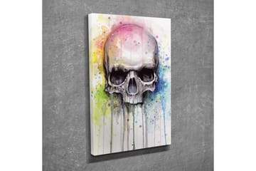 Lerretsbilde - Hodeskalle med fargerike akvarellsprut i bakgrunnen - Svart / Lyseblå / Gul - Interiør - Maleri & posters - Lerretsbilder