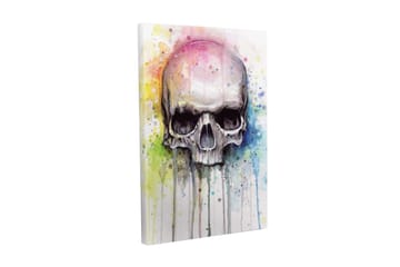Lerretsbilde - Hodeskalle med fargerike akvarellsprut i bakgrunnen - Svart / Lyseblå / Gul - Interiør - Maleri & posters - Lerretsbilder