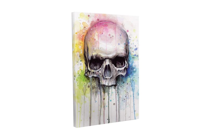 Lerretsbilde - Hodeskalle med fargerike akvarellsprut i bakgrunnen, Svart / Lyseblå / Gul