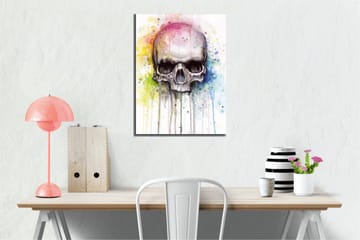 Lerretsbilde - Hodeskalle med fargerike akvarellsprut i bakgrunnen - Svart / Lyseblå / Gul - Interiør - Maleri & posters - Lerretsbilder