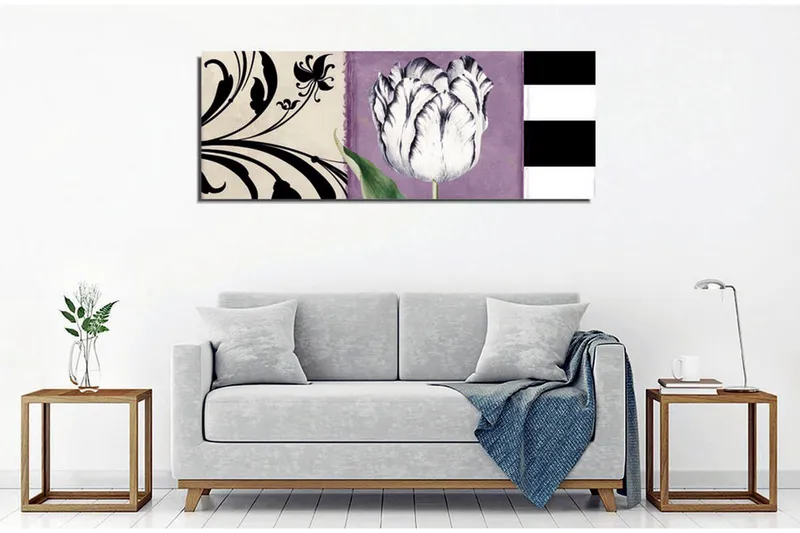 Lerretsbilde - Hvit tulipan mot lilla bakgrunn - Hvit / Lilla / Svart - Interiør - Maleri & posters - Lerretsbilder