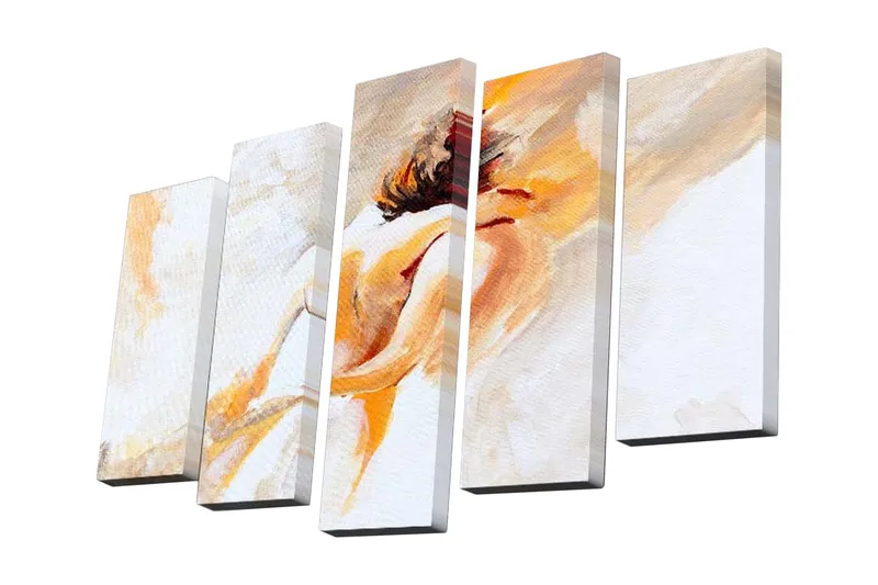 Lerretsbilde i 5 deler 82x50 cm - Abstrakt komposisjon av en dansende figur - Lys oransje / Beige / Hvit - Interiør - Maleri & posters - Lerretsbilder