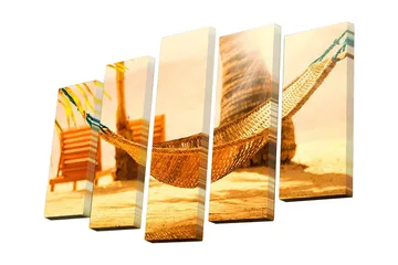 Lerretsbilde i 5 deler 82x50 cm - Avslappende hengekøye under palmer i solrikt landskap - Gull / Brun / Grønn - Interiør - Maleri & posters - Lerretsbilder