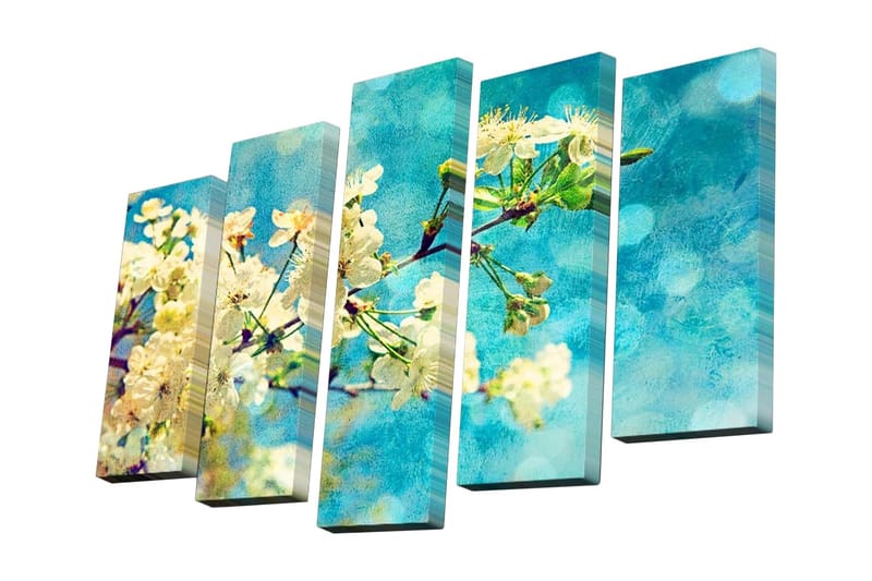 Lerretsbilde i 5 deler 82x50 cm - Blomstrende kirsebærgrener mot en lyseblå bakgrunn - Hvit / Blå / Grønn - Interiør - Maleri & posters - Lerretsbilder