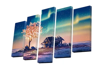 Lerretsbilde i 5 deler 82x50 cm - Blomstrende kirsebærtrær under en stjernehimmel over et landlig landskap - Rosa / Blå / Grønn - Interiør - Maleri & posters - Lerretsbilder