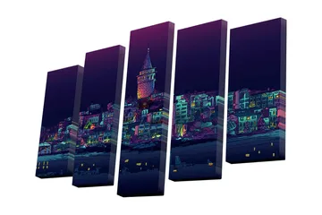 Lerretsbilde i 5 deler 82x50 cm - Bysilhuett med tårn og fargerike bygninger ved mørkets frembrudd - Mørk blå / Lilla / Grønn - Interiør - Maleri & posters - Lerretsbilder