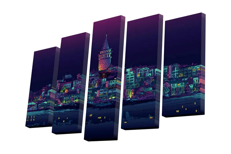 Lerretsbilde i 5 deler 82x50 cm - Bysilhuett med tårn og fargerike bygninger ved mørkets frembrudd - Mørk blå / Lilla / Grønn - Interiør - Maleri & posters - Lerretsbilder