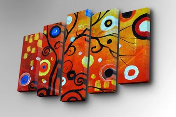 Lerretsbilde i 5 deler 82x50 cm - Fargerik abstrakt komposisjon med svarte spiraler og sirkler - Rød / Svart / Hvit - Interiør - Maleri & posters - Lerretsbilder