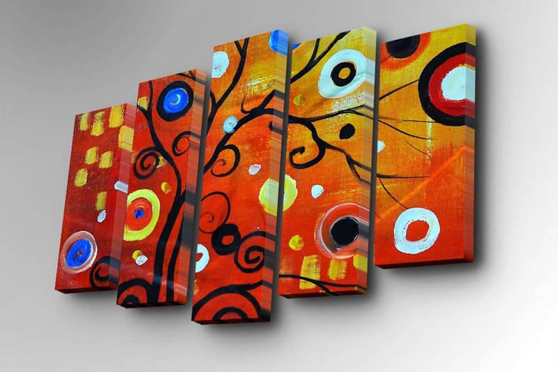 Lerretsbilde i 5 deler 82x50 cm - Fargerik abstrakt komposisjon med svarte spiraler og sirkler - Rød / Svart / Hvit - Interiør - Maleri & posters - Lerretsbilder