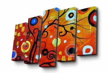 Lerretsbilde i 5 deler 82x50 cm - Fargerik abstrakt komposisjon med svarte spiraler og sirkler - Rød / Svart / Hvit - Interiør - Maleri & posters - Lerretsbilder