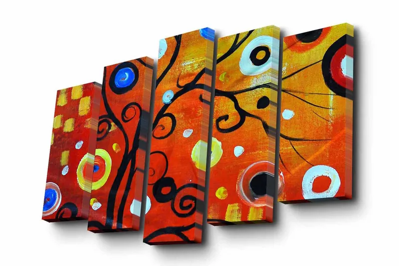 Lerretsbilde i 5 deler 82x50 cm - Fargerik abstrakt komposisjon med svarte spiraler og sirkler - Rød / Svart / Hvit - Interiør - Maleri & posters - Lerretsbilder