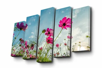 Lerretsbilde i 5 deler 82x50 cm - Fargerike blomster i et solrikt englandskap - Rosa / Grønn / Blå - Interiør - Maleri & posters - Lerretsbilder