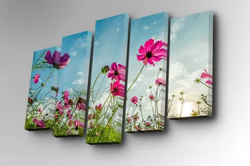 Lerretsbilde i 5 deler 82x50 cm - Fargerike blomster i et solrikt englandskap - Rosa / Grønn / Blå - Interiør - Maleri & posters - Lerretsbilder