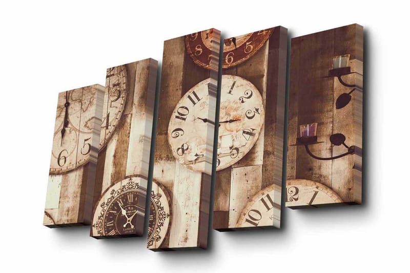 Lerretsbilde i 5 deler 82x50 cm - Flere vintageklokker på en trebakgrunn - Beige / Brun / Svart - Interiør - Maleri & posters - Lerretsbilder