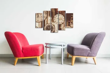 Lerretsbilde i 5 deler 82x50 cm - Flere vintageklokker på en trebakgrunn - Beige / Brun / Svart - Interiør - Maleri & posters - Lerretsbilder