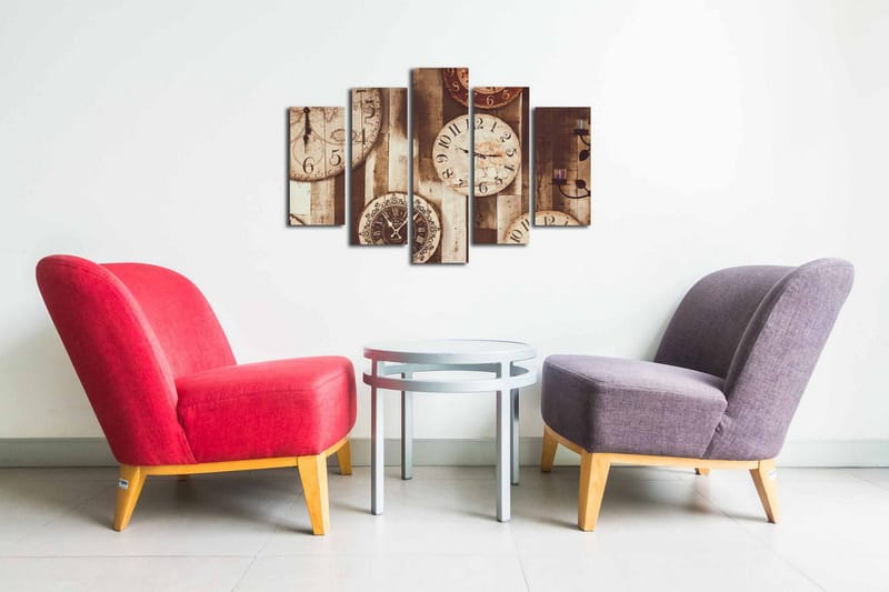 Lerretsbilde i 5 deler 82x50 cm - Flere vintageklokker på en trebakgrunn - Beige / Brun / Svart - Interiør - Maleri & posters - Lerretsbilder