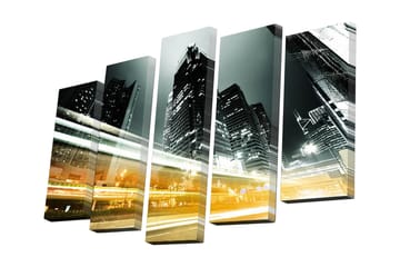 Lerretsbilde i 5 deler 82x50 cm - Futuristisk bybilde med skyskrapere og lysspor fra kjøretøy - Svart / Grå / Oransje - Interiør - Maleri & posters - Lerretsbilder