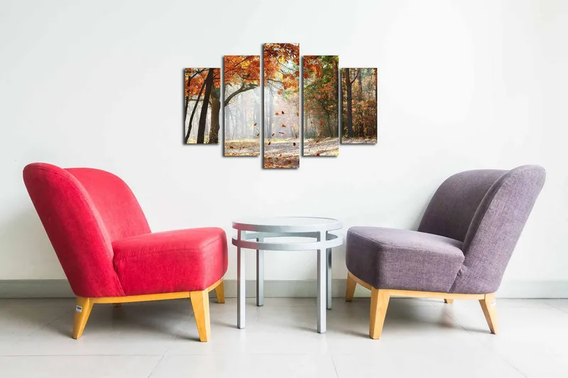 Lerretsbilde i 5 deler 82x50 cm - Høstlandskap med fargerike trær og fallende blader - Oransje / Grønn / Brun - Interiør - Maleri & posters - Lerretsbilder
