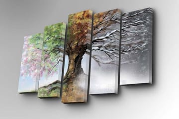 Lerretsbilde i 5 deler 82x50 cm - Maleri i fire deler med et tre som skifter mellom årstidene - Grønn / Brun / Hvit - Interiør - Maleri & posters - Lerretsbilder