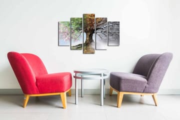 Lerretsbilde i 5 deler 82x50 cm - Maleri i fire deler med et tre som skifter mellom årstidene - Grønn / Brun / Hvit - Interiør - Maleri & posters - Lerretsbilder