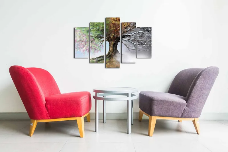 Lerretsbilde i 5 deler 82x50 cm - Maleri i fire deler med et tre som skifter mellom årstidene - Grønn / Brun / Hvit - Interiør - Maleri & posters - Lerretsbilder