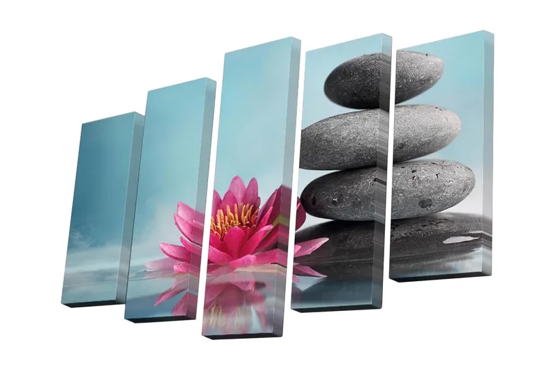 Lerretsbilde i 5 deler 82x50 cm - Rosa lotusblomst med stablede svarte steiner, Rosa / Svart / Lys blå