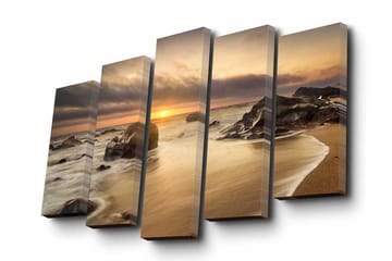 Lerretsbilde i 5 deler 82x50 cm - Solnedgang over en strand med steiner og rolige bølger - Gull / Grå / Beige - Interiør - Maleri & posters - Lerretsbilder