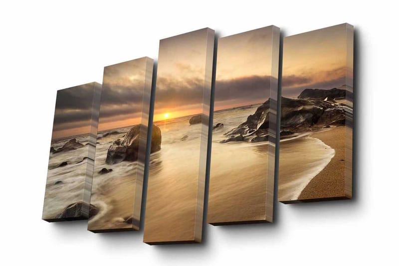 Lerretsbilde i 5 deler 82x50 cm - Solnedgang over en strand med steiner og rolige bølger, Gull / Grå / Beige