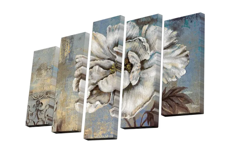 Lerretsbilde i 5 deler 82x50 cm - Storslått hvit blomst med detaljert bladverk - Hvit / Blå / Beige - Interiør - Maleri & posters - Lerretsbilder