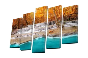 Lerretsbilde i 5 deler 82x50 cm - Vakker foss med høstfarger og klare, turkise vannflater - Oransje / Turkis / Beige - Interiør - Maleri & posters - Lerretsbilder