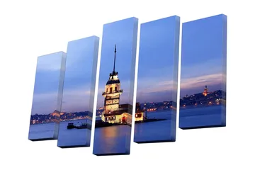 Lerretsbilde i 5 deler 82x50 cm - Vakker utsikt over et historisk fyrtårn ved sjøen i skumringen - Blå / Hvit / Oransje - Interiør - Maleri & posters - Lerretsbilder