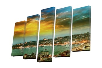 Lerretsbilde i 5 deler 82x50 cm - Vakker utsikt over Istanbul ved solnedgang - Gull / Blå / Grønn - Interiør - Maleri & posters - Lerretsbilder