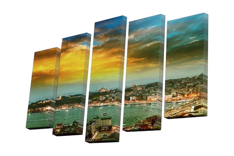 Lerretsbilde i 5 deler 82x50 cm - Vakker utsikt over Istanbul ved solnedgang - Gull / Blå / Grønn - Interiør - Maleri & posters - Lerretsbilder