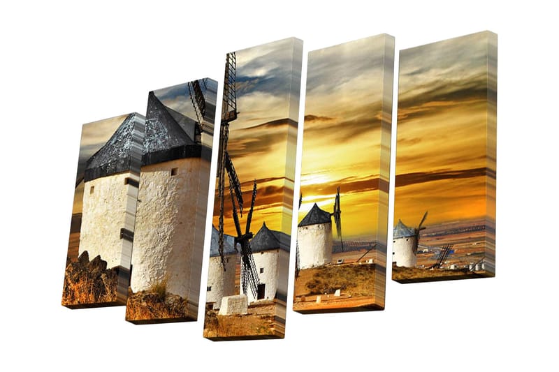 Lerretsbilde i 5 deler 82x50 cm - Vindturbiner mot en solnedgang i et landskap - Gull / Hvit / Svart - Interiør - Maleri & posters - Lerretsbilder