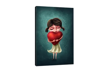 Lerretsbilde - Jente som holder et stort rødt hjerte - Rød / Grønn / Beige - Interiør - Maleri & posters - Lerretsbilder