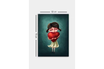 Lerretsbilde - Jente som holder et stort rødt hjerte - Rød / Grønn / Beige - Interiør - Maleri & posters - Lerretsbilder