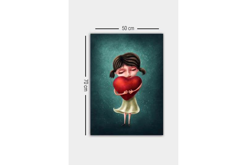 Lerretsbilde - Jente som holder et stort rødt hjerte - Rød / Grønn / Beige - Interiør - Maleri & posters - Lerretsbilder