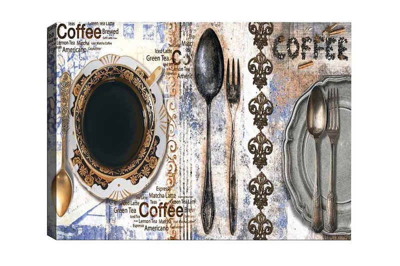Lerretsbilde - Kaffe og bestikk på en dekorert tallerken, Svart / Gull / Grå