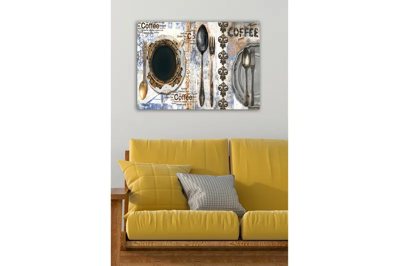 Lerretsbilde - Kaffe og bestikk på en dekorert tallerken - Svart / Gull / Grå - Interiør - Maleri & posters - Lerretsbilder