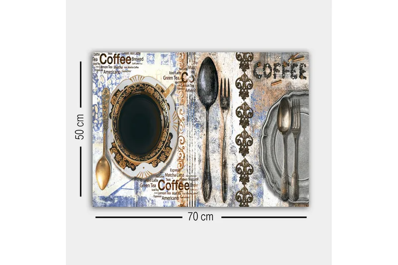 Lerretsbilde - Kaffe og bestikk på en dekorert tallerken - Svart / Gull / Grå - Interiør - Maleri & posters - Lerretsbilder
