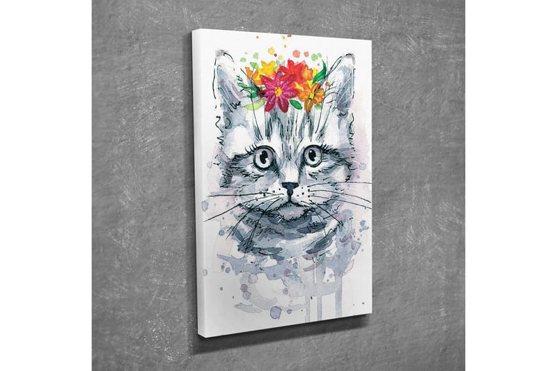 Lerretsbilde - Katt med blomster på hodet - Grå / Rosa / Grønn - Interiør - Maleri & posters - Lerretsbilder